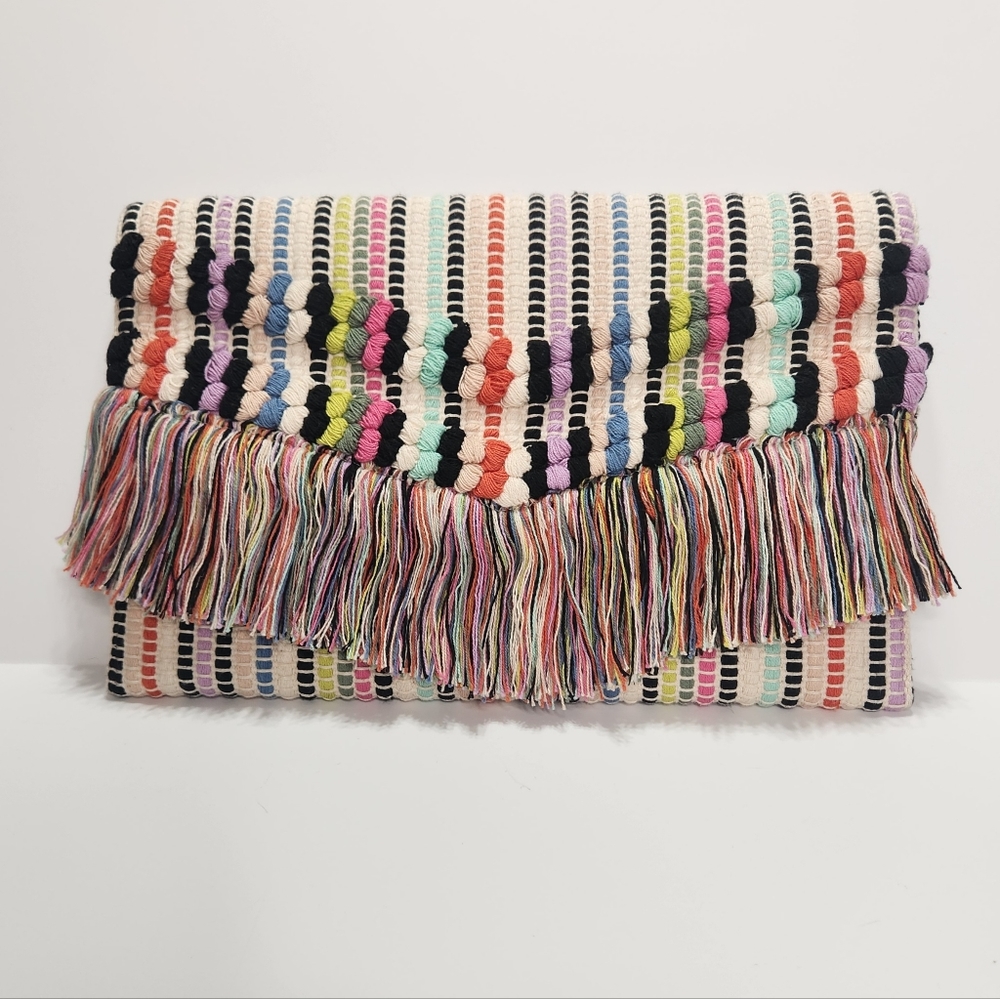 Stella & Dot Taj Clutch Boho Weave Fringe Multicolor Magnetic Closure Card Slots